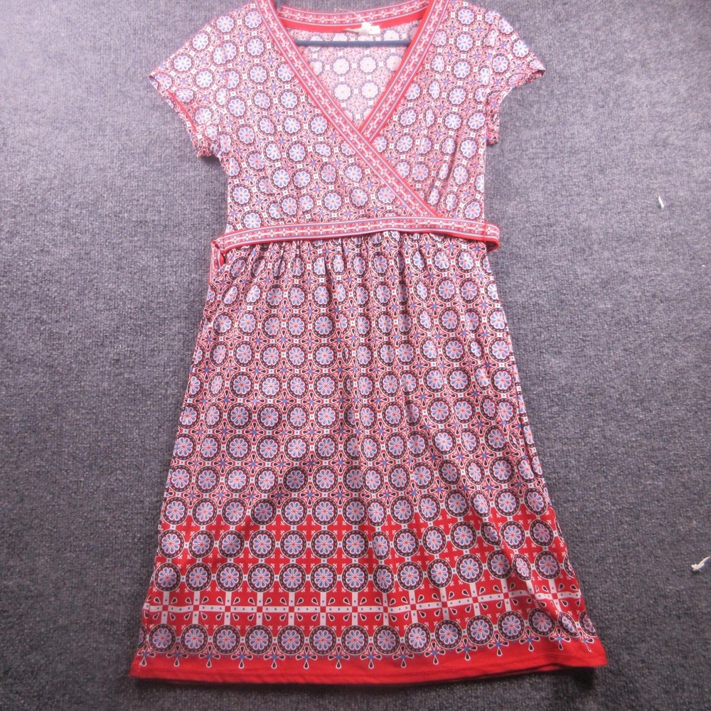 Max Studio Dress Womens‎ Small Red Geometric Wrap Short Sleeve Belted Jersey